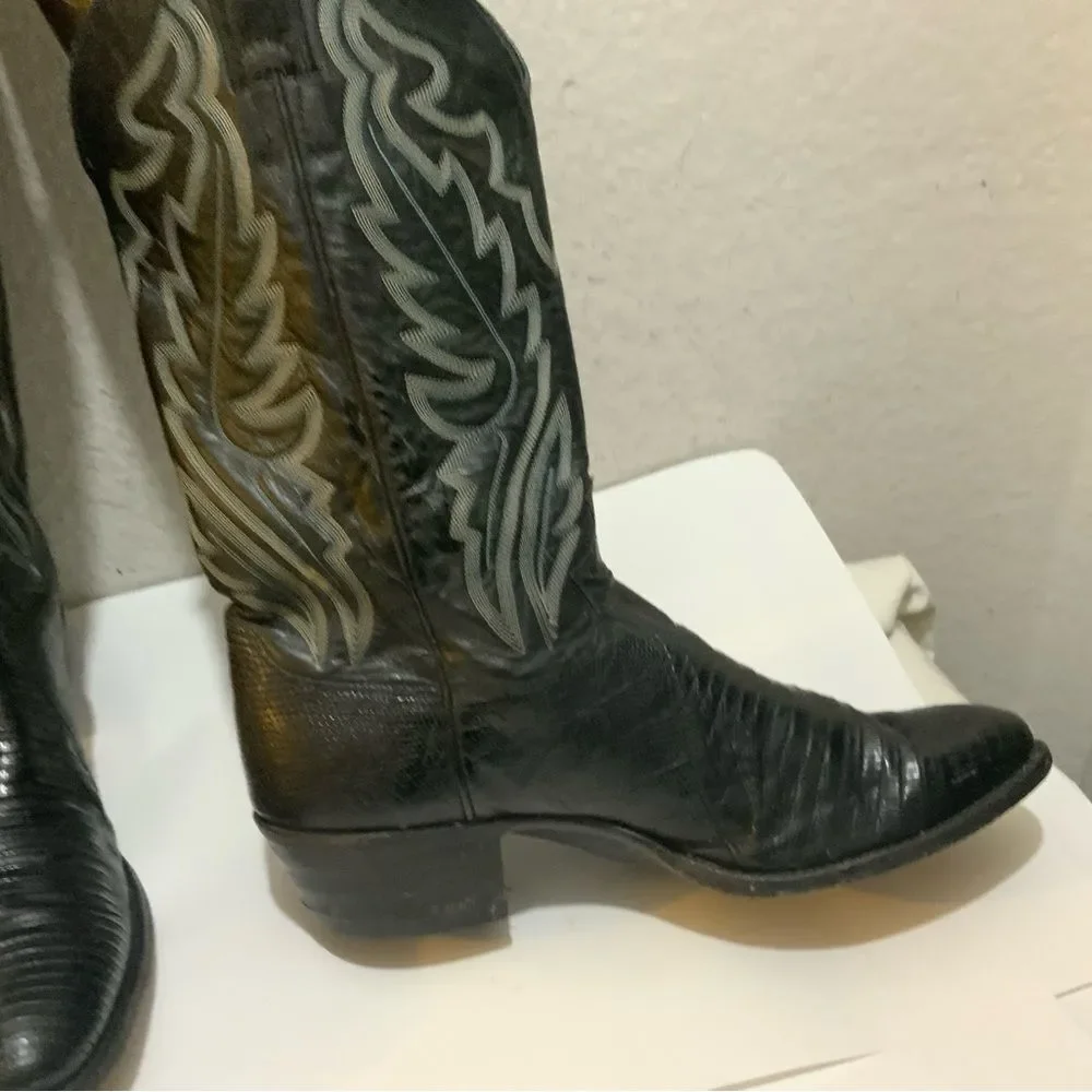 Justin Lizard Skin Leather Cowboy Western Boots Men's 9.5 D Black USA 8313